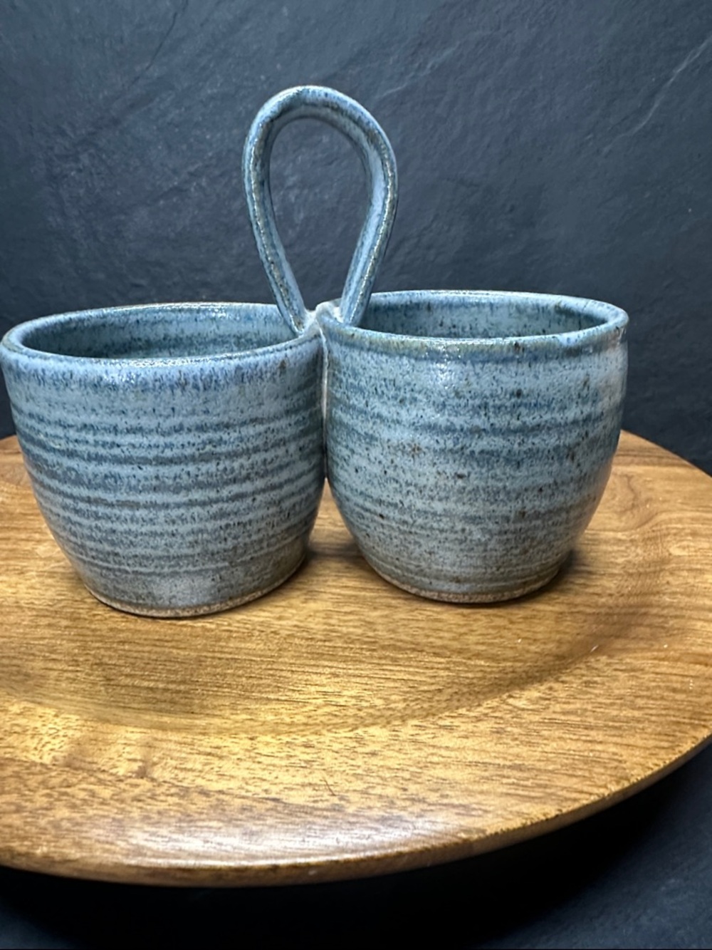 Handmade Double Ceramic Bowl with Handle - Speckled Blue